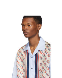 Мужская голубая шелковая рубашка с коротким рукавом с принтом от Gucci