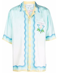 Мужская голубая шелковая рубашка с коротким рукавом с принтом от Casablanca