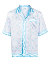 Мужская голубая шелковая рубашка с коротким рукавом с принтом от Casablanca
