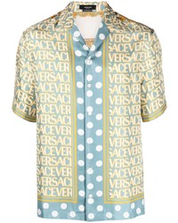 Мужская голубая шелковая рубашка с коротким рукавом с принтом от Versace