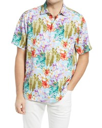 Голубая шелковая рубашка с коротким рукавом с цветочным принтом