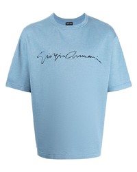 Мужская голубая шелковая футболка с круглым вырезом с принтом от Giorgio Armani