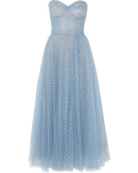 Голубое вечернее платье из фатина с украшением от Monique Lhuillier