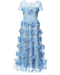 Голубое вечернее платье из фатина с цветочным принтом от Marchesa