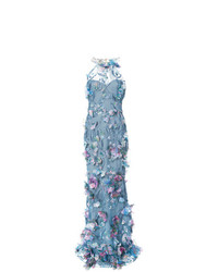 Голубое вечернее платье с цветочным принтом от Marchesa Notte