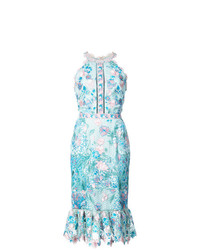 Голубое кружевное платье-футляр с цветочным принтом от Marchesa Notte