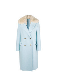 Голубое пальто с меховым воротником