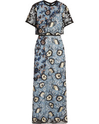 Голубое платье-макси с пайетками с вышивкой от Self-Portrait