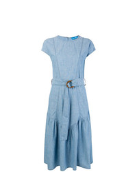 Голубое платье-миди из шамбре с рюшами от MiH Jeans