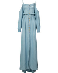 Голубое платье с открытыми плечами от Balmain