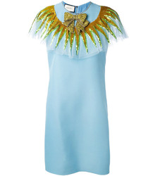 Голубое платье с пайетками с украшением от Gucci