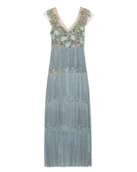 Голубое сатиновое вечернее платье с украшением от Marchesa Notte