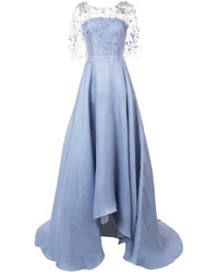 Голубое шелковое вечернее платье с украшением