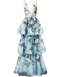 Голубое шелковое вечернее платье с цветочным принтом от Marchesa