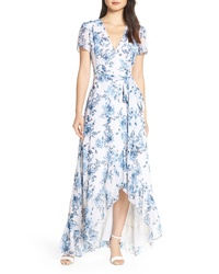 Голубое шифоновое платье-макси с цветочным принтом