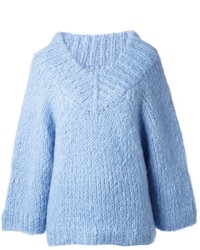 Голубой вязаный свободный свитер