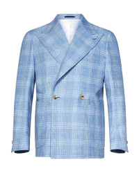 Голубой двубортный пиджак в клетку