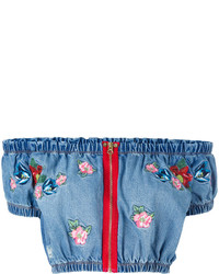 Голубой джинсовый укороченный топ с вышивкой