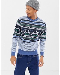 Голубой новогодний свитер с круглым вырезом