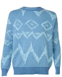 Женский голубой свитер с круглым вырезом с геометрическим рисунком