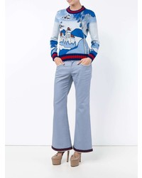 Женский голубой свитер с круглым вырезом с принтом от Gucci