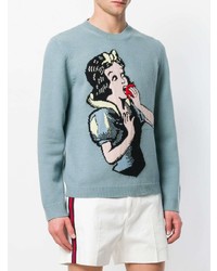 Мужской голубой свитер с круглым вырезом с принтом от Gucci