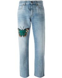 Голубые джинсы-бойфренды с вышивкой от Gucci
