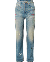 Женские голубые джинсы с вышивкой от Gucci