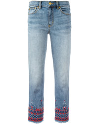 Женские голубые джинсы с вышивкой от Tory Burch