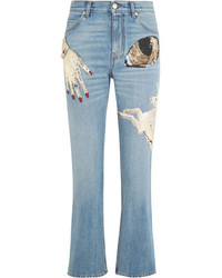 Женские голубые джинсы с пайетками с украшением от Alexander McQueen