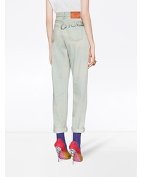 Женские голубые джинсы с принтом от Gucci