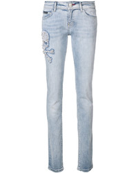 Голубые джинсы скинни с украшением от Philipp Plein