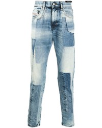 Мужские голубые зауженные джинсы в стиле пэчворк от Diesel