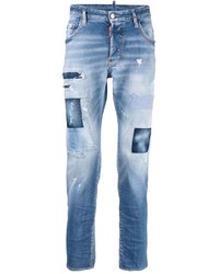 Мужские голубые зауженные джинсы в стиле пэчворк от DSQUARED2