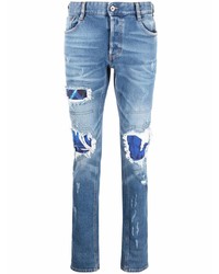 Мужские голубые зауженные джинсы в стиле пэчворк от Just Cavalli