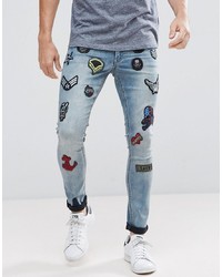 Мужские голубые зауженные джинсы с вышивкой от ASOS DESIGN