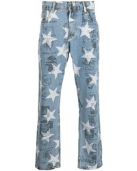 Мужские голубые зауженные джинсы со звездами от Pleasures