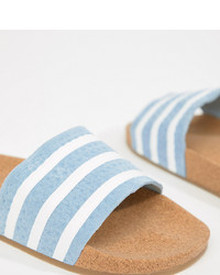 Голубые кожаные сандалии на плоской подошве в горизонтальную полоску