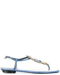 Голубые кожаные сандалии на плоской подошве с украшением от Rene Caovilla