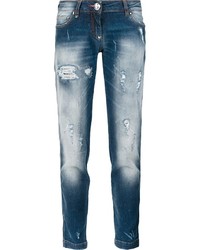 Голубые рваные джинсы-бойфренды от Philipp Plein