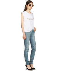 Женские голубые рваные джинсы от Balmain