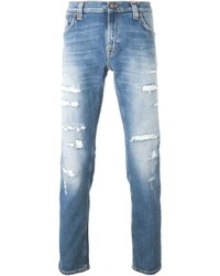 Мужские голубые рваные зауженные джинсы от Nudie Jeans