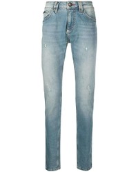 Мужские голубые рваные зауженные джинсы от Philipp Plein