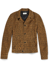 Мужская горчичная замшевая куртка с леопардовым принтом от Saint Laurent
