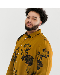 Мужская горчичная рубашка с длинным рукавом с цветочным принтом от ASOS DESIGN