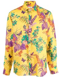 Мужская горчичная рубашка с длинным рукавом с цветочным принтом от Etro