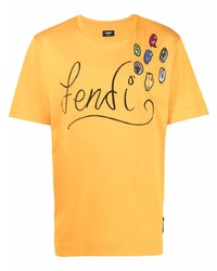 Мужская горчичная футболка с круглым вырезом с вышивкой от Fendi