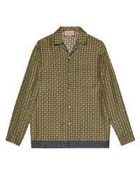 Мужская горчичная шелковая рубашка с длинным рукавом с геометрическим рисунком от Gucci