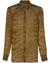Мужская горчичная шелковая рубашка с длинным рукавом с принтом от Dolce & Gabbana
