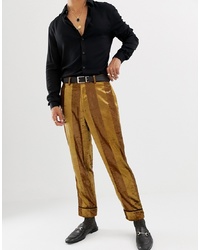 Мужские горчичные бархатные классические брюки в вертикальную полоску от ASOS DESIGN